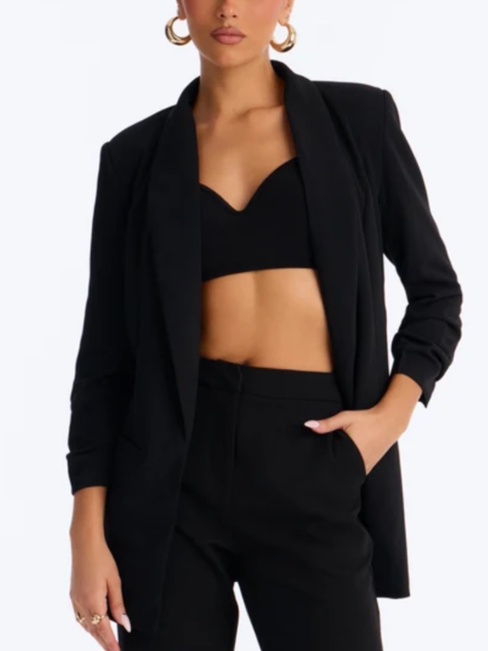 Fashion Nova The Celine Blazer Black Ruched 3/4 Sleeve Open Front Medium M